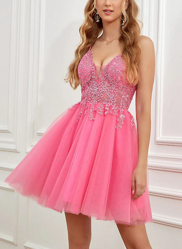 A-Line V-neck Sleeveless Short/Mini Tulle Homecoming Dresses With Appliques Lace - Image 6