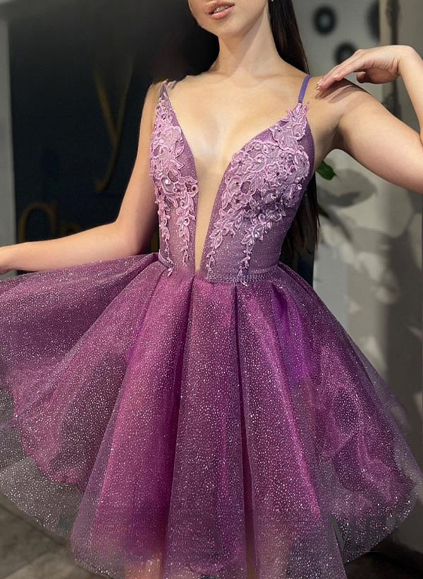A-Line V-neck Sleeveless Short/Mini Tulle Homecoming Dresses With Appliques Lace - Image 2