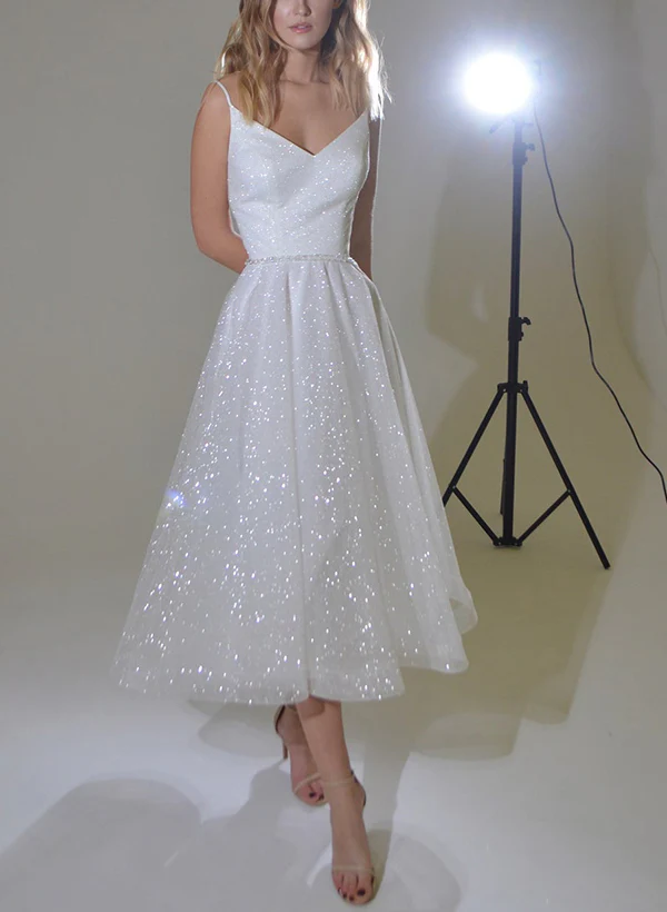 A-Line V-Neck Sleeveless Tea-Length Sequined Homecoming Dresses - Image 3