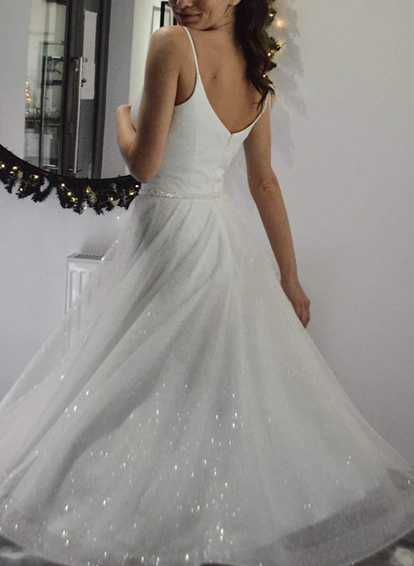 A-Line V-Neck Sleeveless Tea-Length Sequined Homecoming Dresses - Image 4