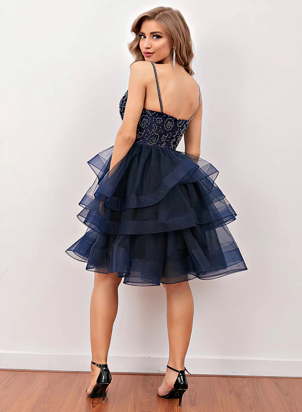 A-Line V-Neck Sleeveless Tulle Short/Mini Homecoming Dress With Pleated - Image 2