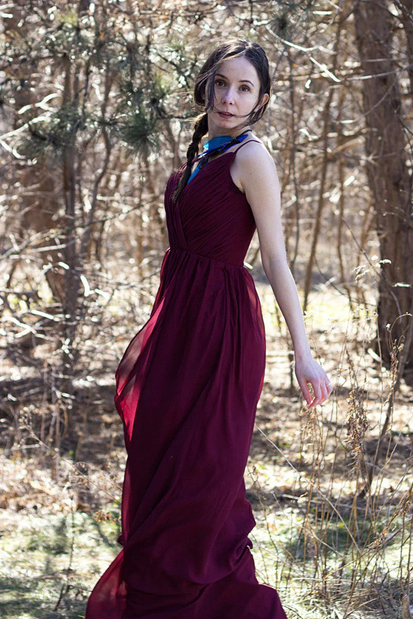 A-line V-neck Spaghetti Strap Floor Length Chiffon Applique Evening Dress - Image 3
