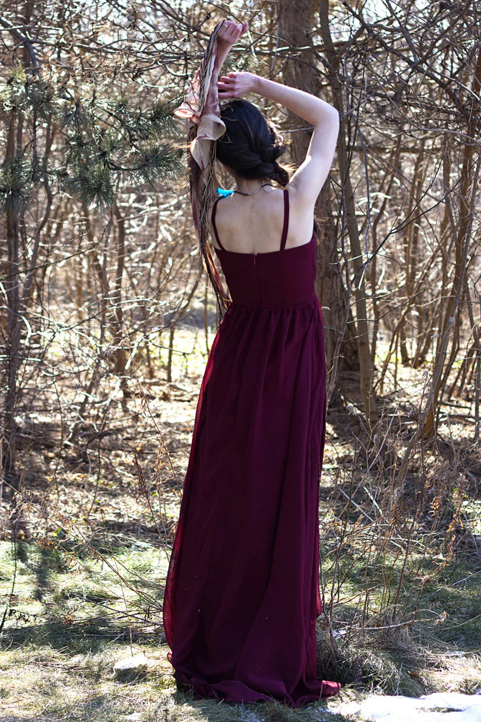A-line V-neck Spaghetti Strap Floor Length Chiffon Applique Evening Dress - Image 4
