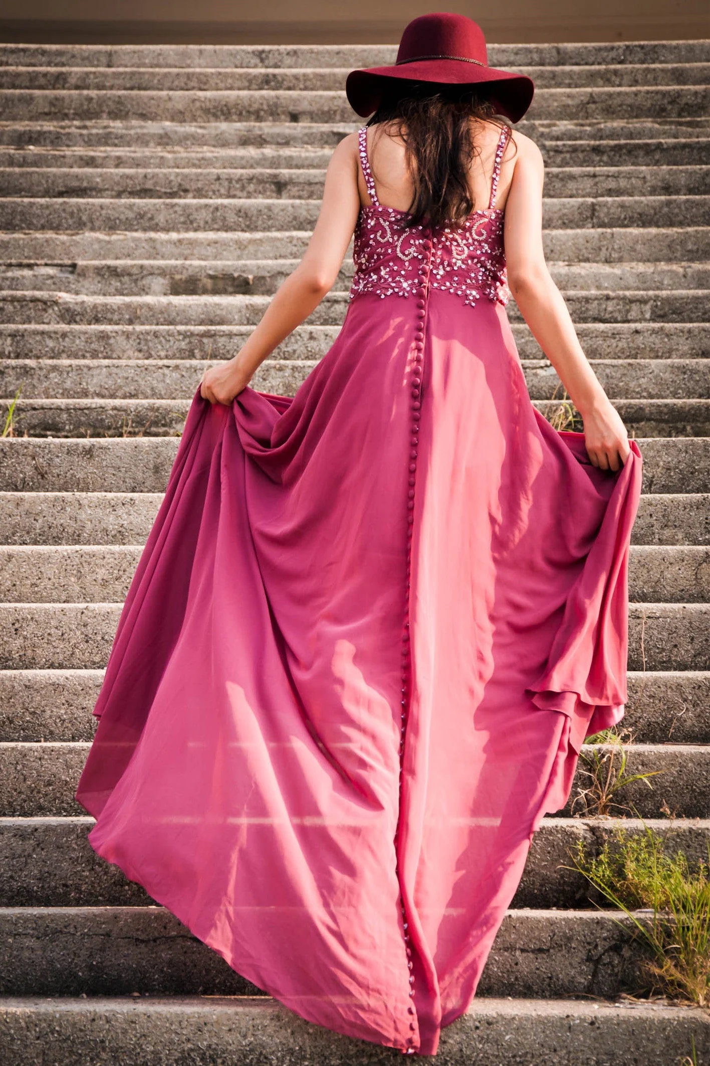 A-line V-neck Spaghetti Strap Floor Length Chiffon Beading Evening Dress - Image 3