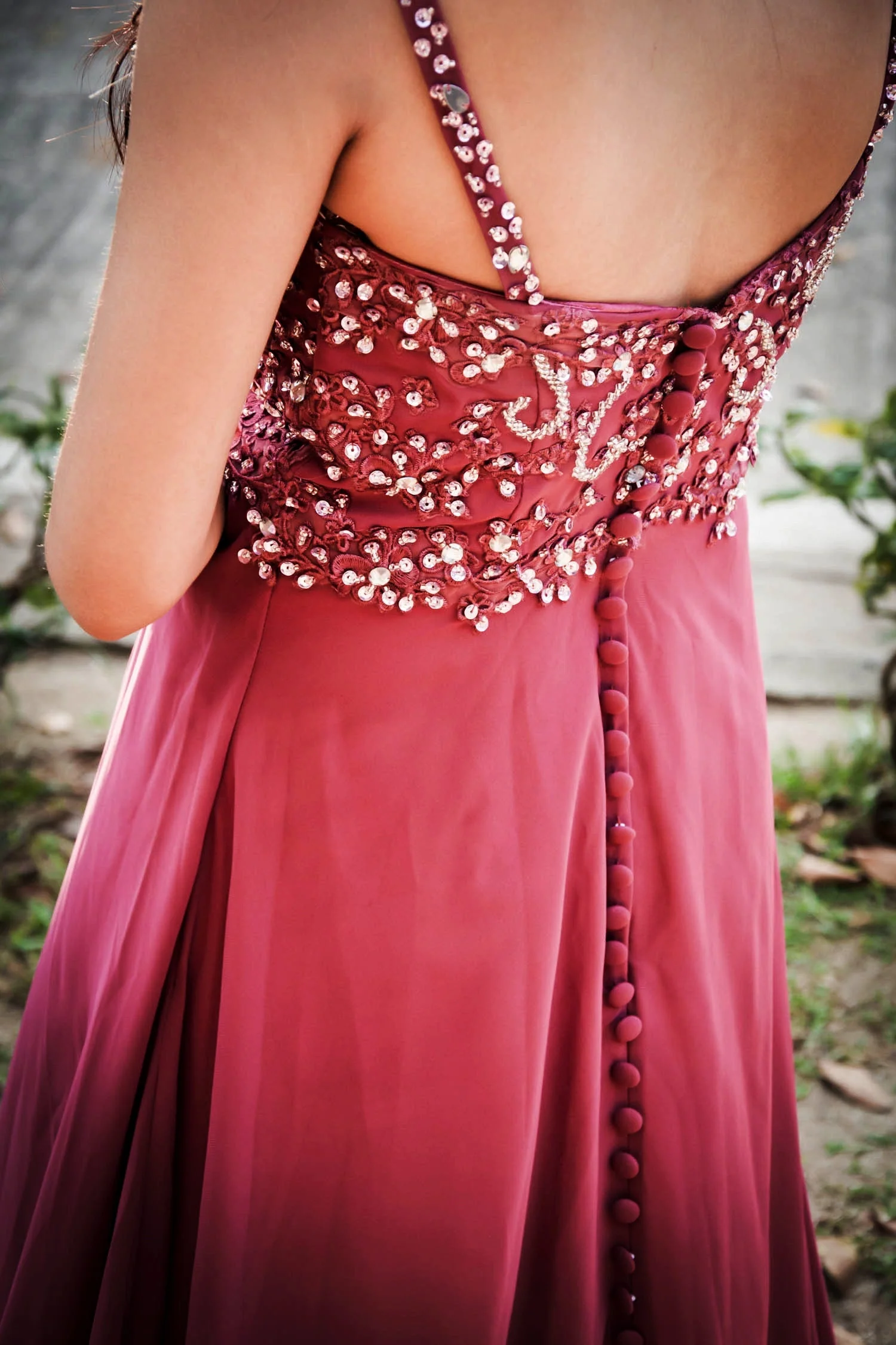 A-line V-neck Spaghetti Strap Floor Length Chiffon Beading Evening Dress - Image 4