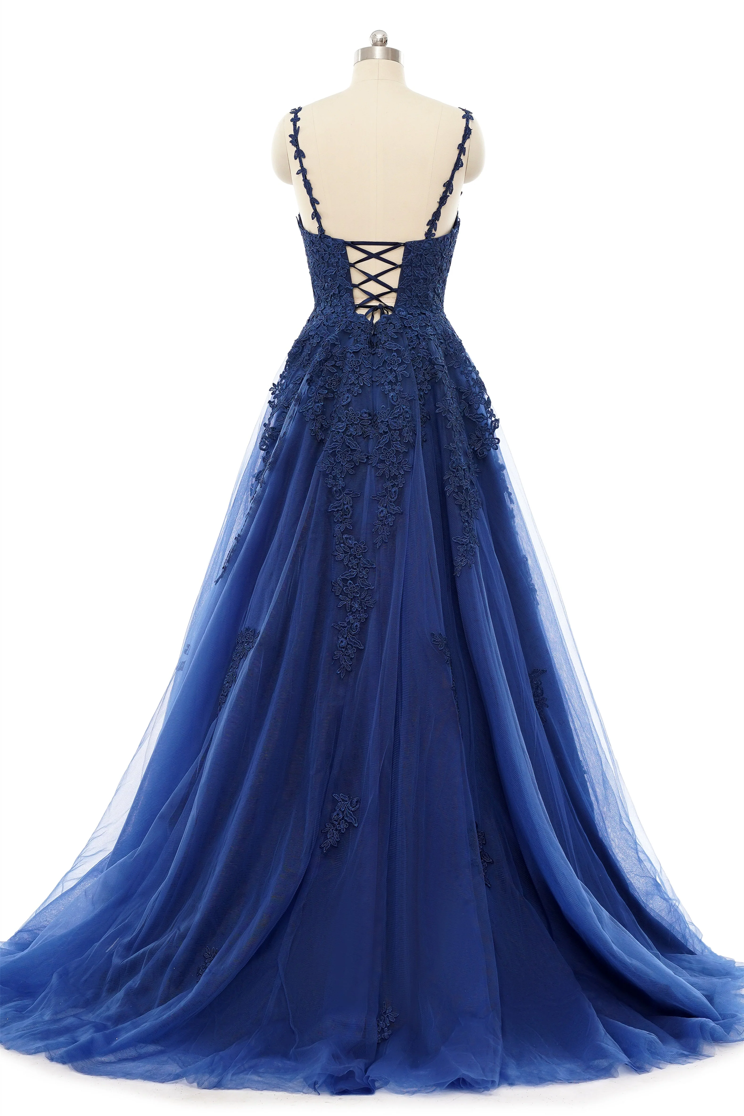 A-line V-neck Spaghetti strap Floor-length Sleeveless Backless Appliques Lace Elegant Prom Dress - Image 2