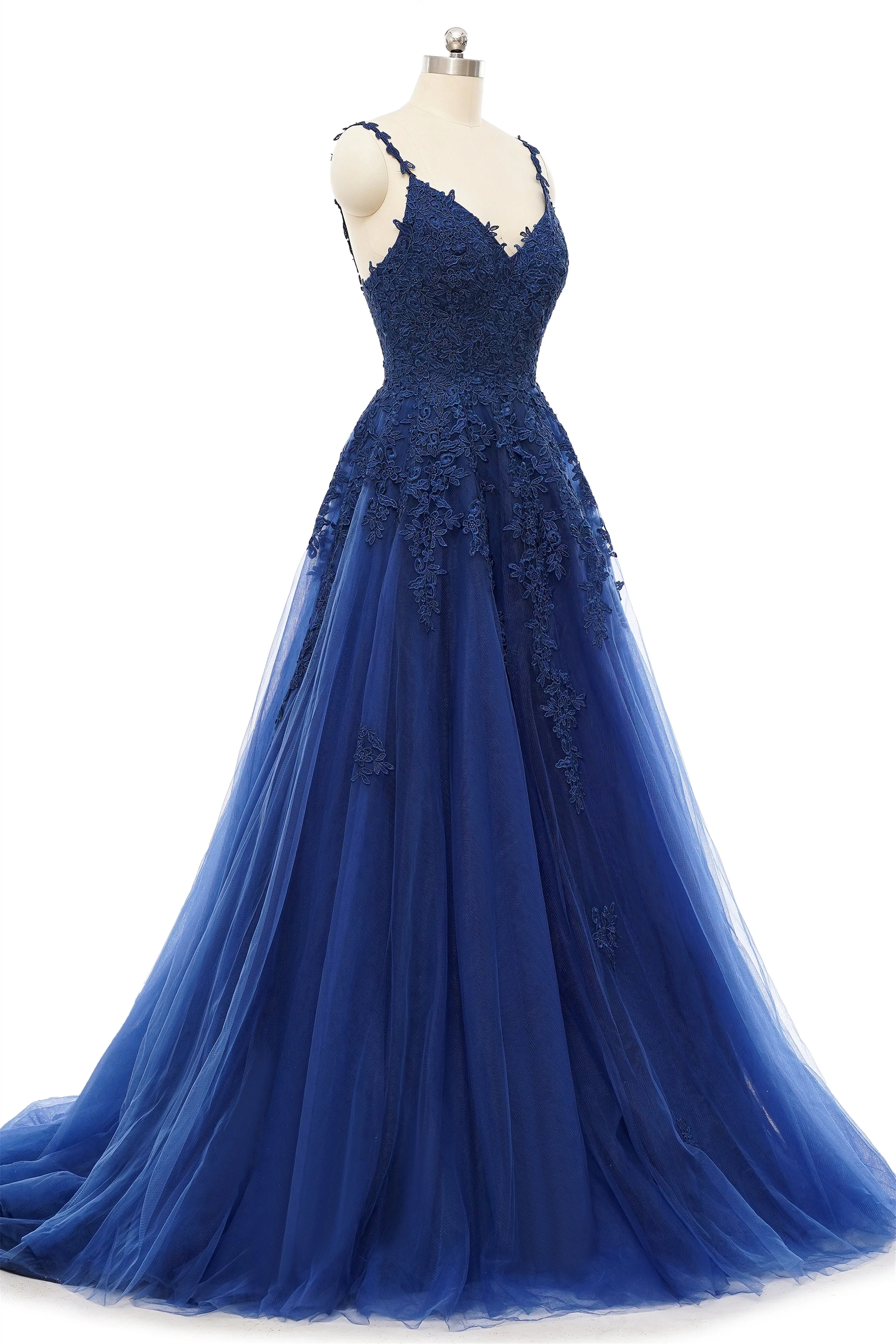 A-line V-neck Spaghetti strap Floor-length Sleeveless Backless Appliques Lace Elegant Prom Dress - Image 3