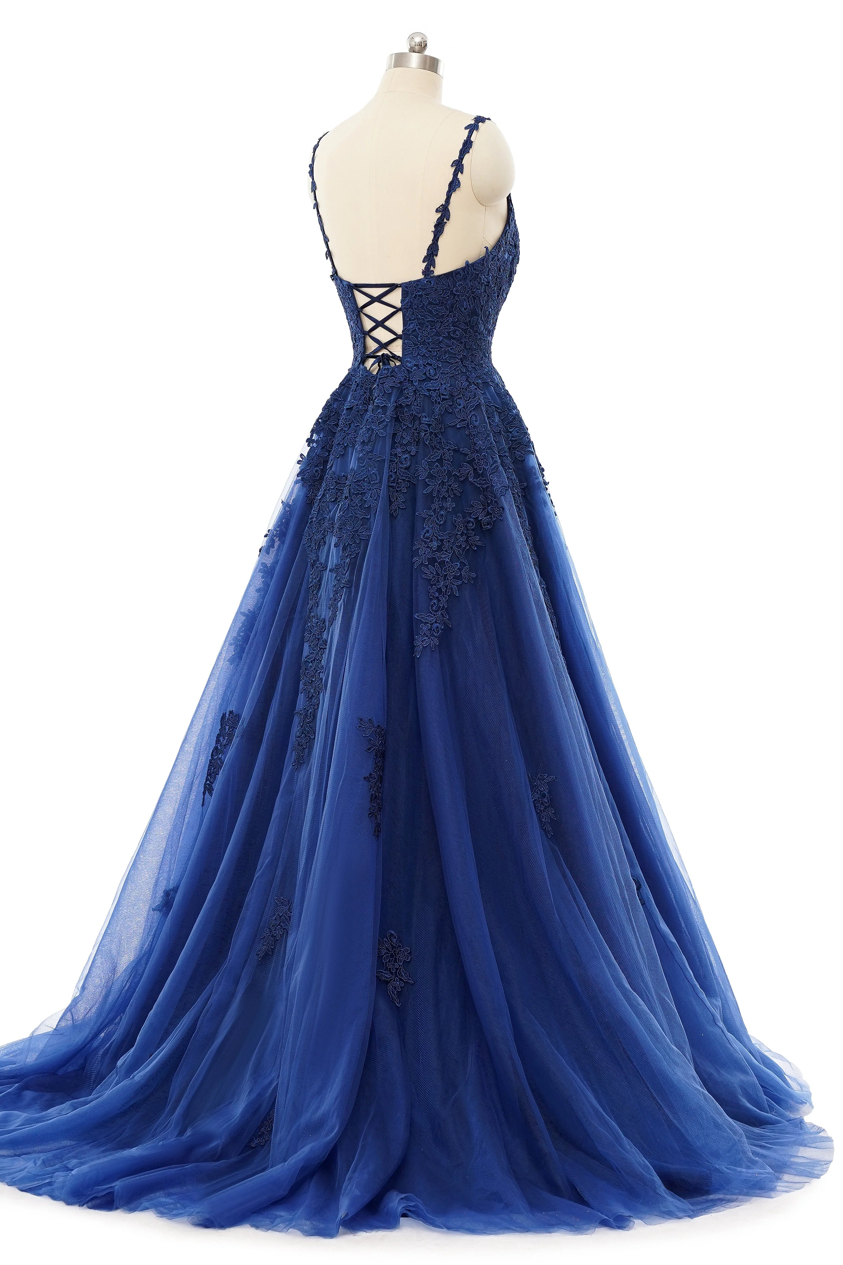 A-line V-neck Spaghetti strap Floor-length Sleeveless Backless Appliques Lace Elegant Prom Dress - Image 4