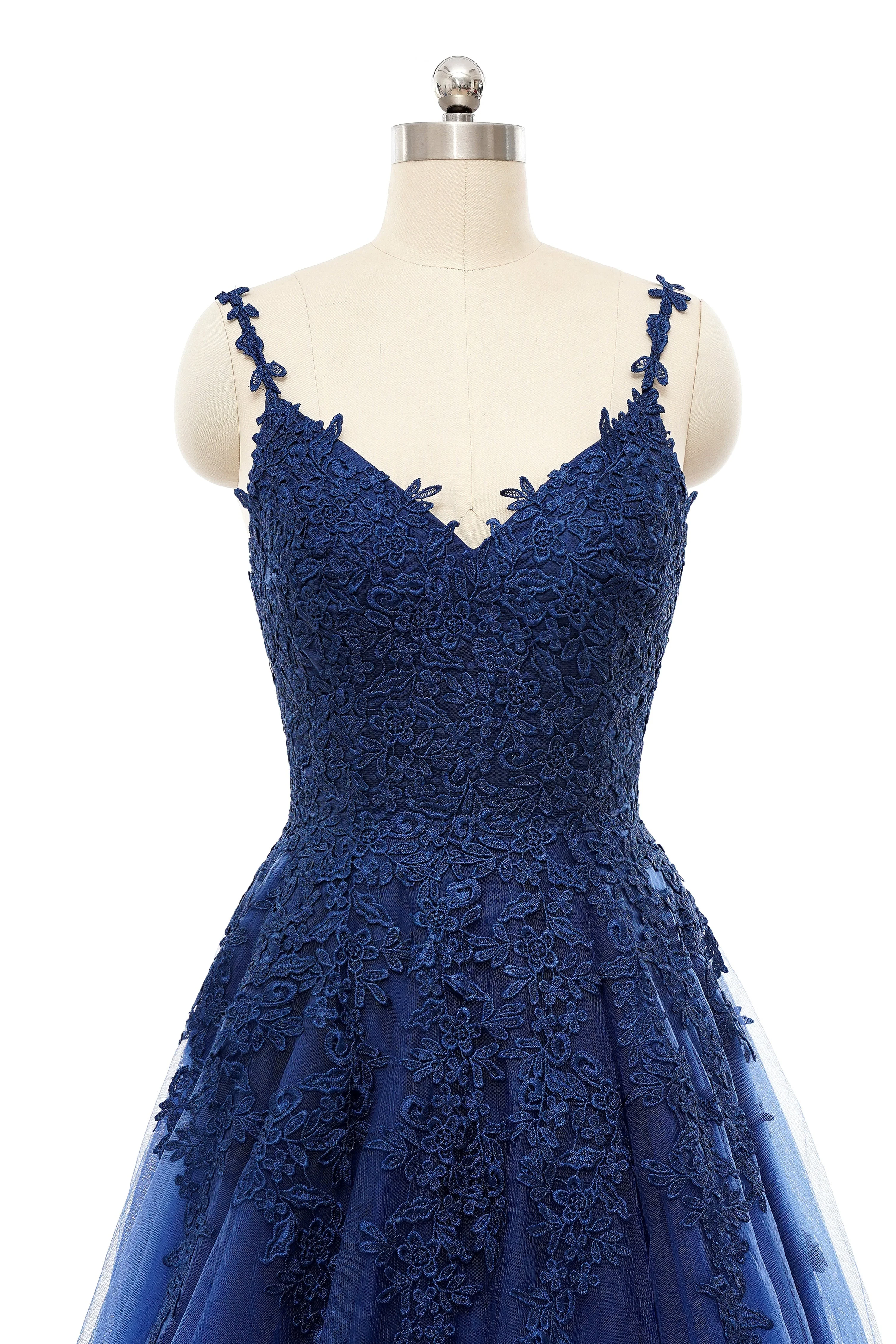 A-line V-neck Spaghetti strap Floor-length Sleeveless Backless Appliques Lace Elegant Prom Dress - Image 5
