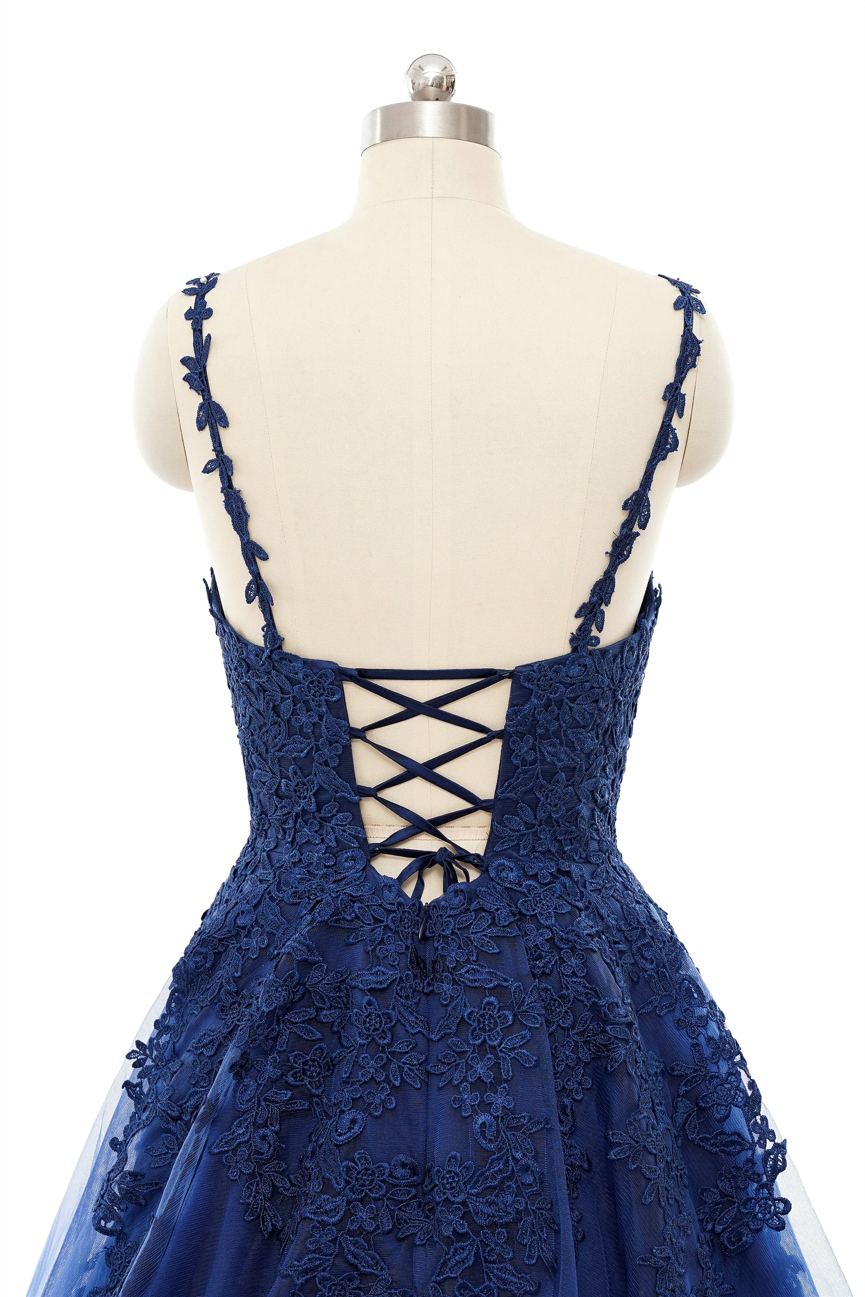 A-line V-neck Spaghetti strap Floor-length Sleeveless Backless Appliques Lace Elegant Prom Dress - Image 7
