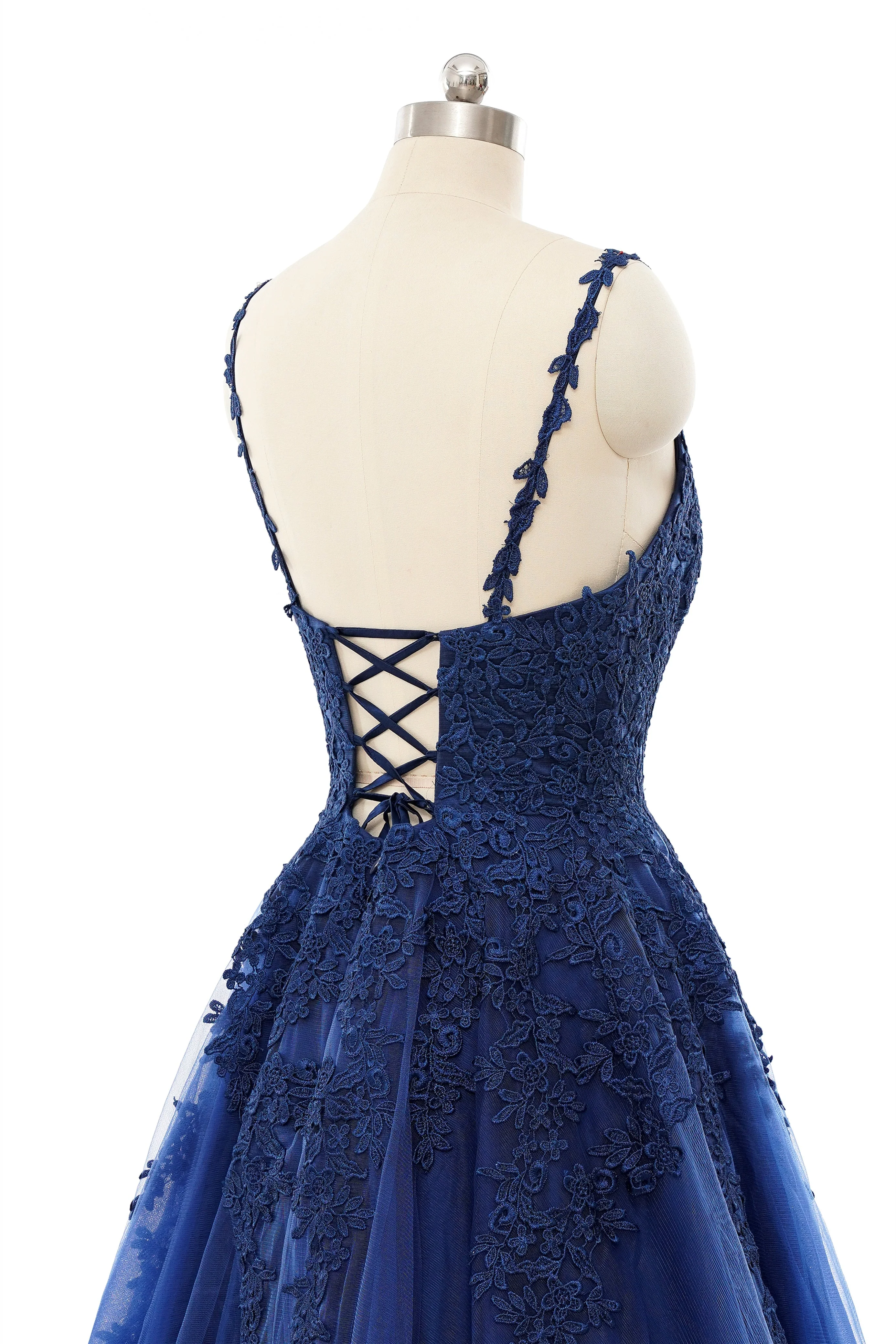 A-line V-neck Spaghetti strap Floor-length Sleeveless Backless Appliques Lace Elegant Prom Dress - Image 8
