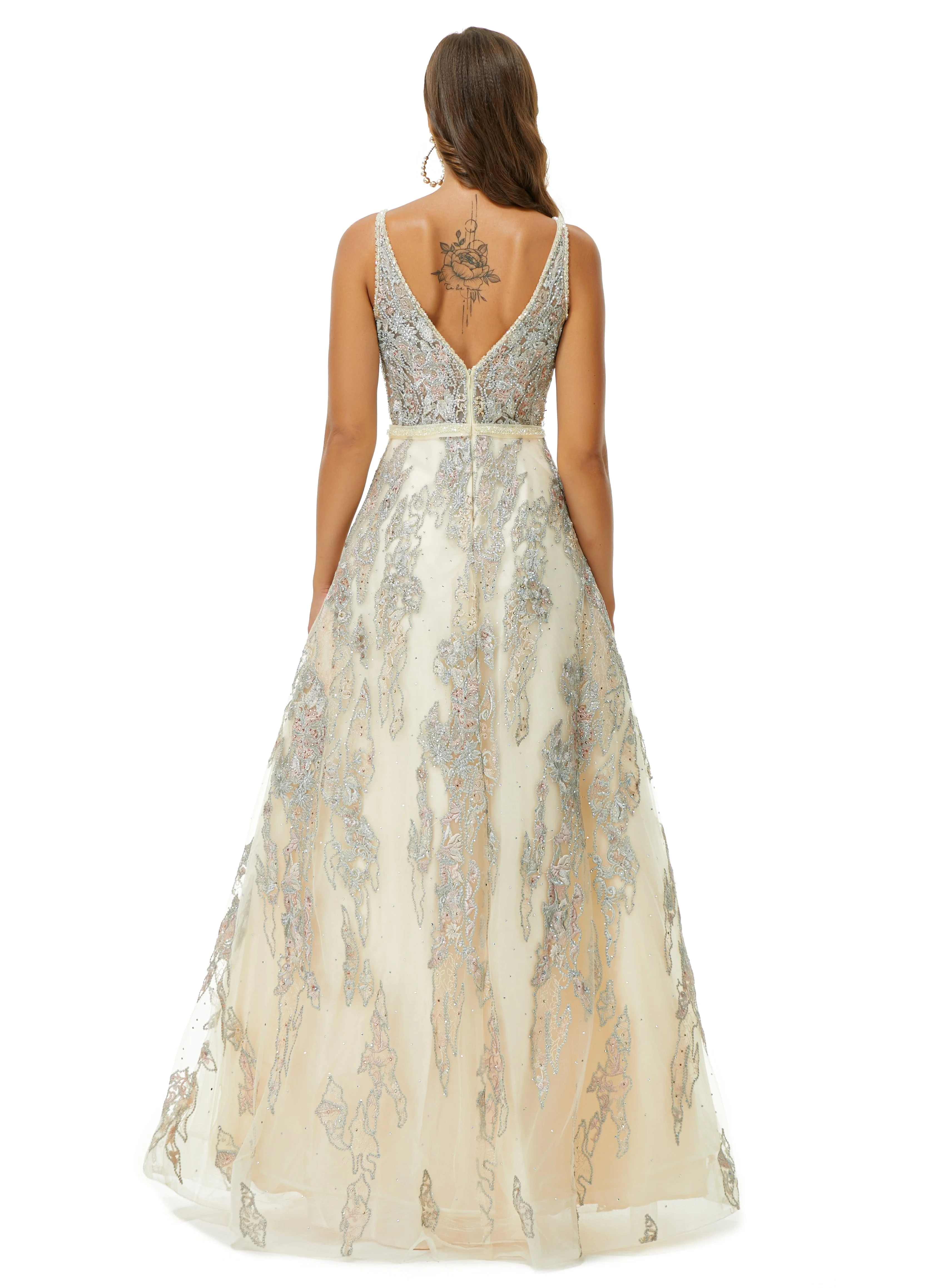 A-line V-neck Spaghetti strap Lace Floor-length Sleeveless Beading Prom Dress - Image 2