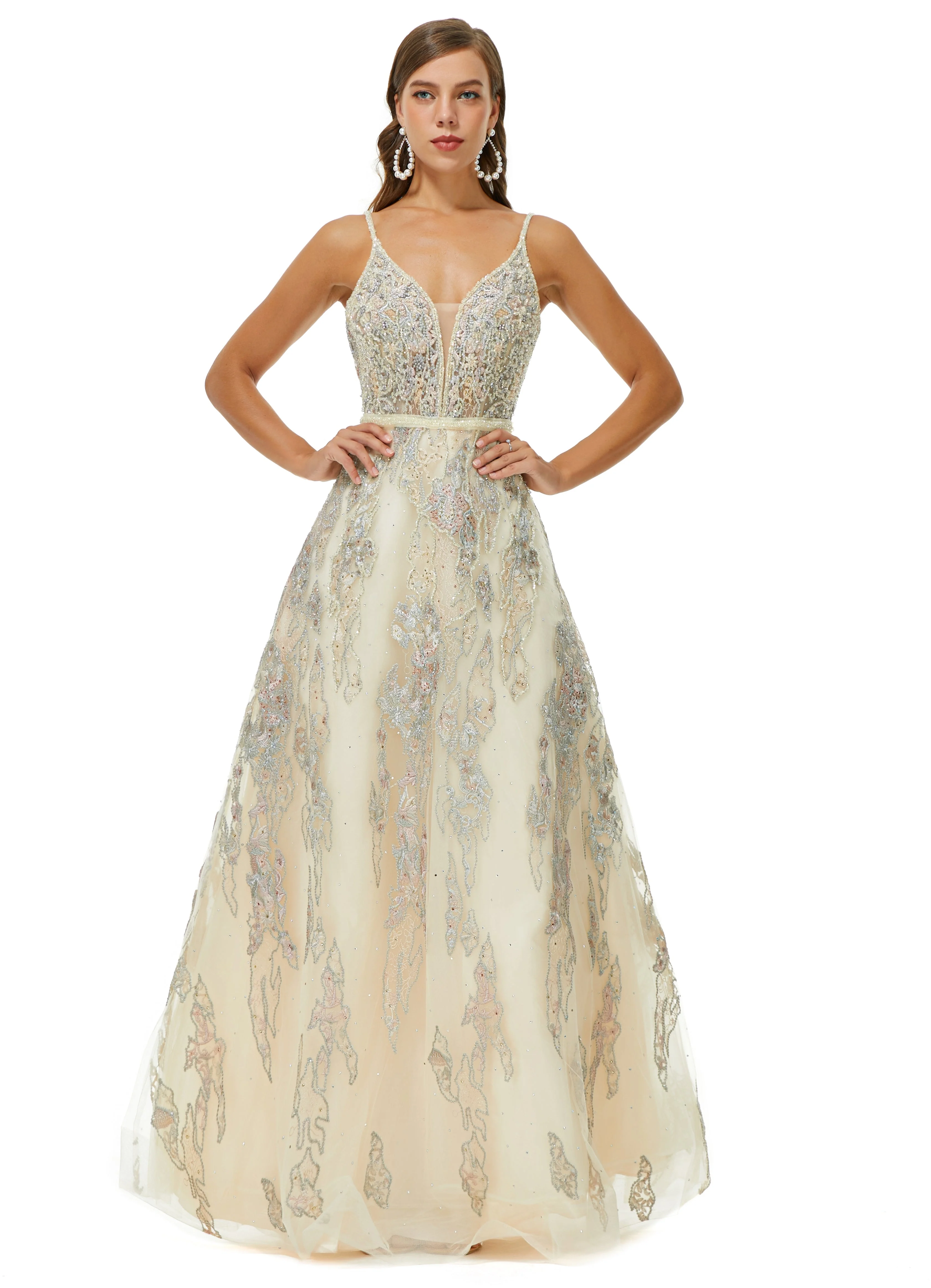 A-line V-neck Spaghetti strap Lace Floor-length Sleeveless Beading Prom Dress - Image 3