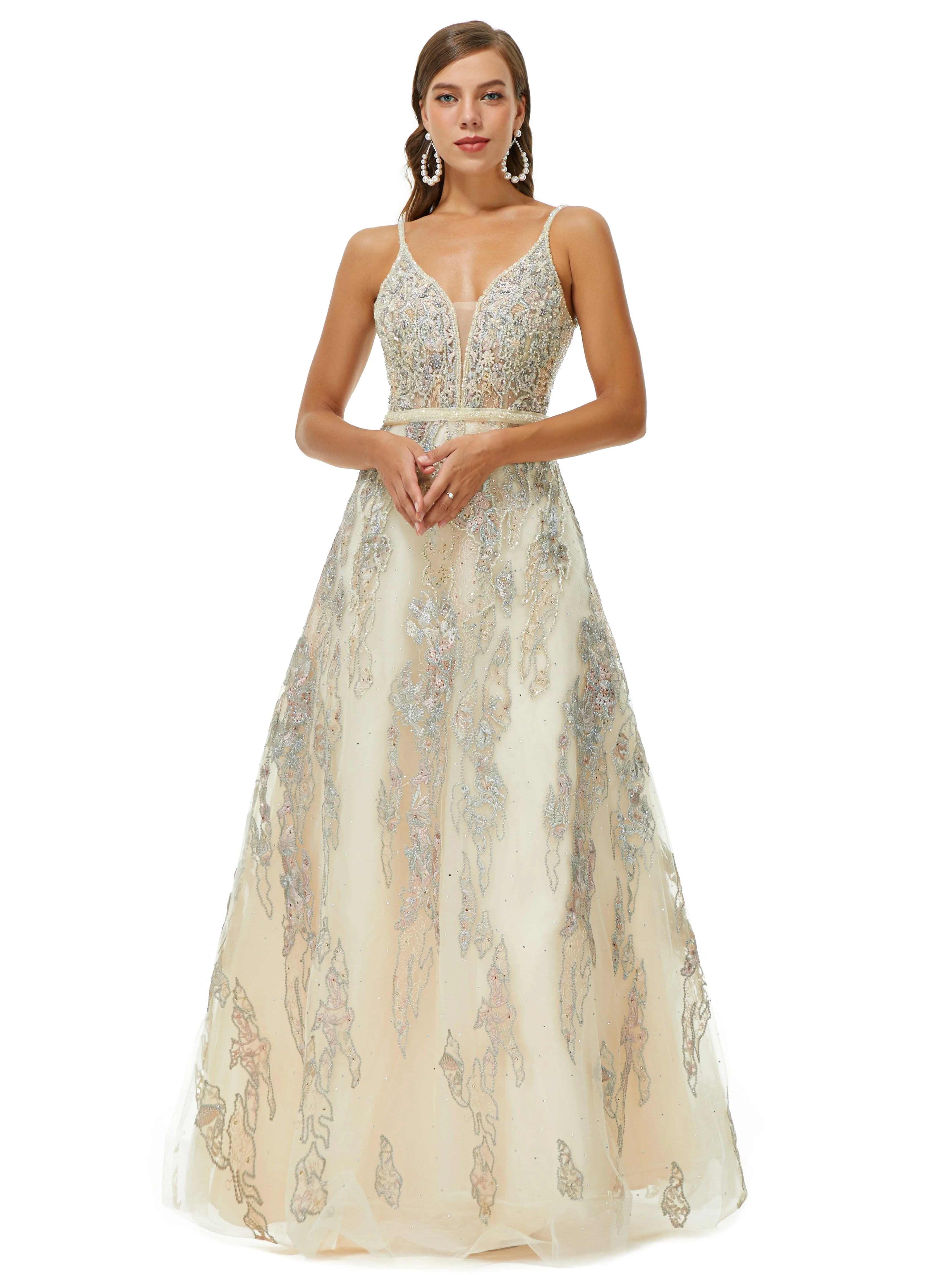A-line V-neck Spaghetti strap Lace Floor-length Sleeveless Beading Prom Dress - Image 4