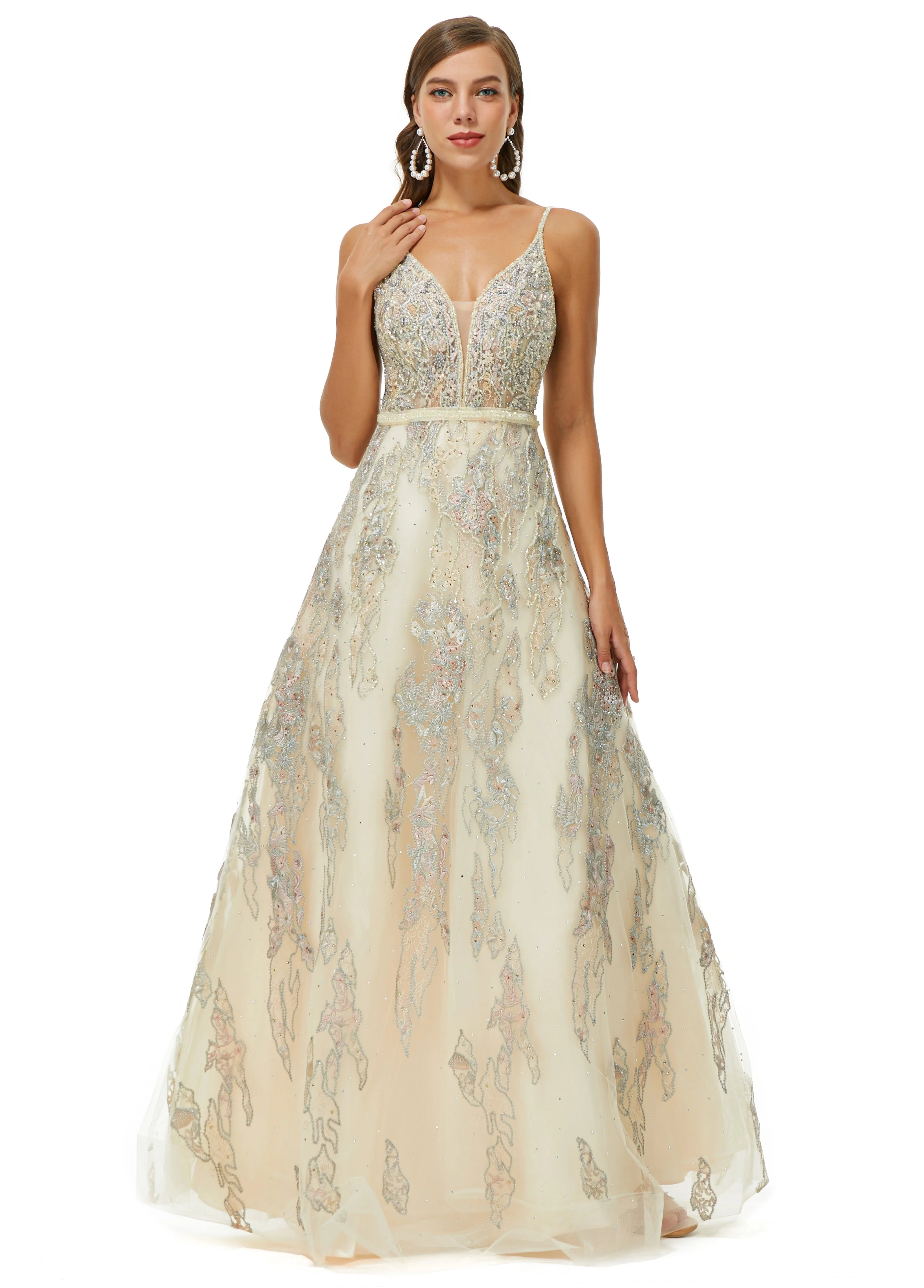 A-line V-neck Spaghetti strap Lace Floor-length Sleeveless Beading Prom Dress - Image 5