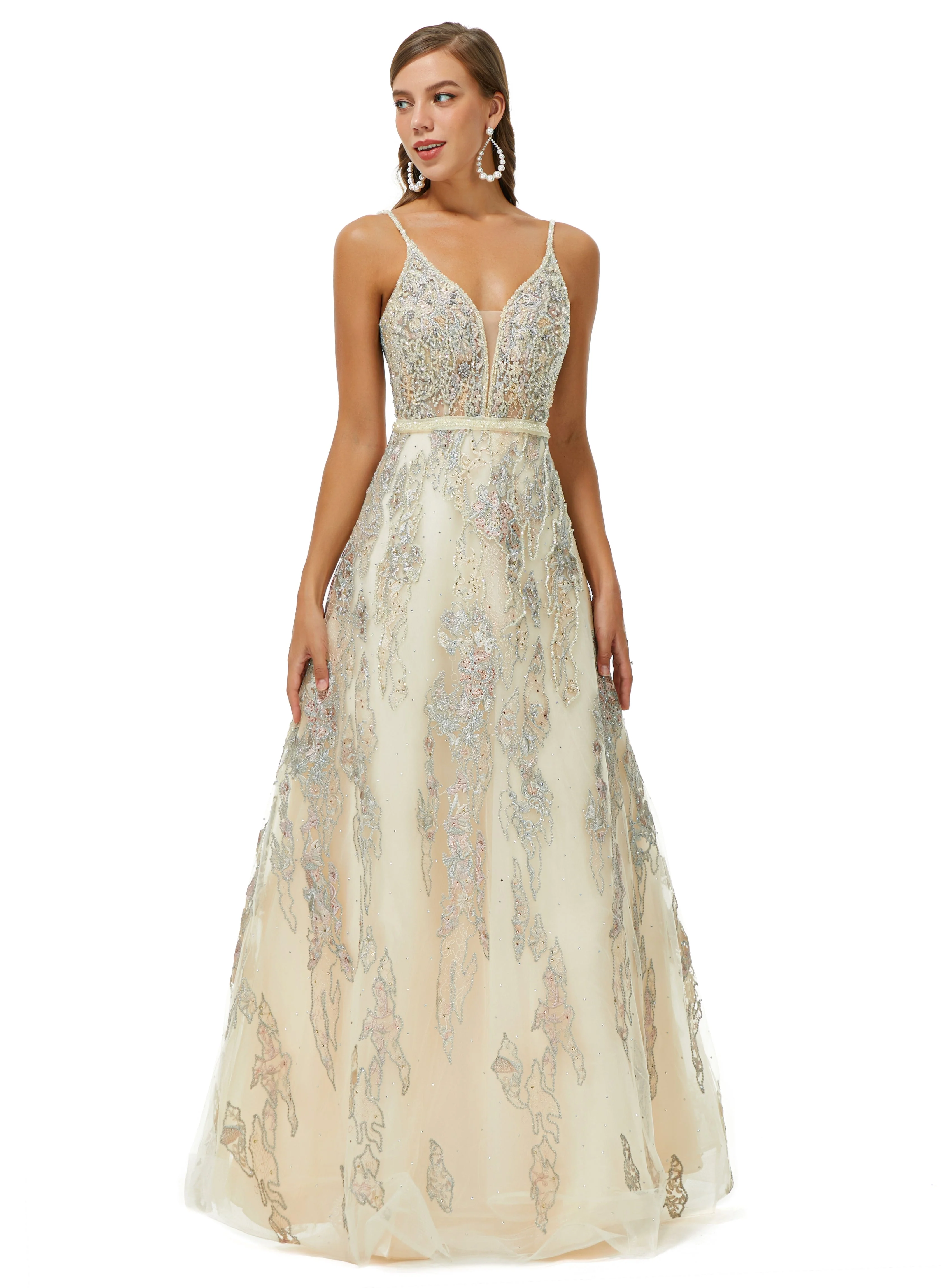 A-line V-neck Spaghetti strap Lace Floor-length Sleeveless Beading Prom Dress - Image 6