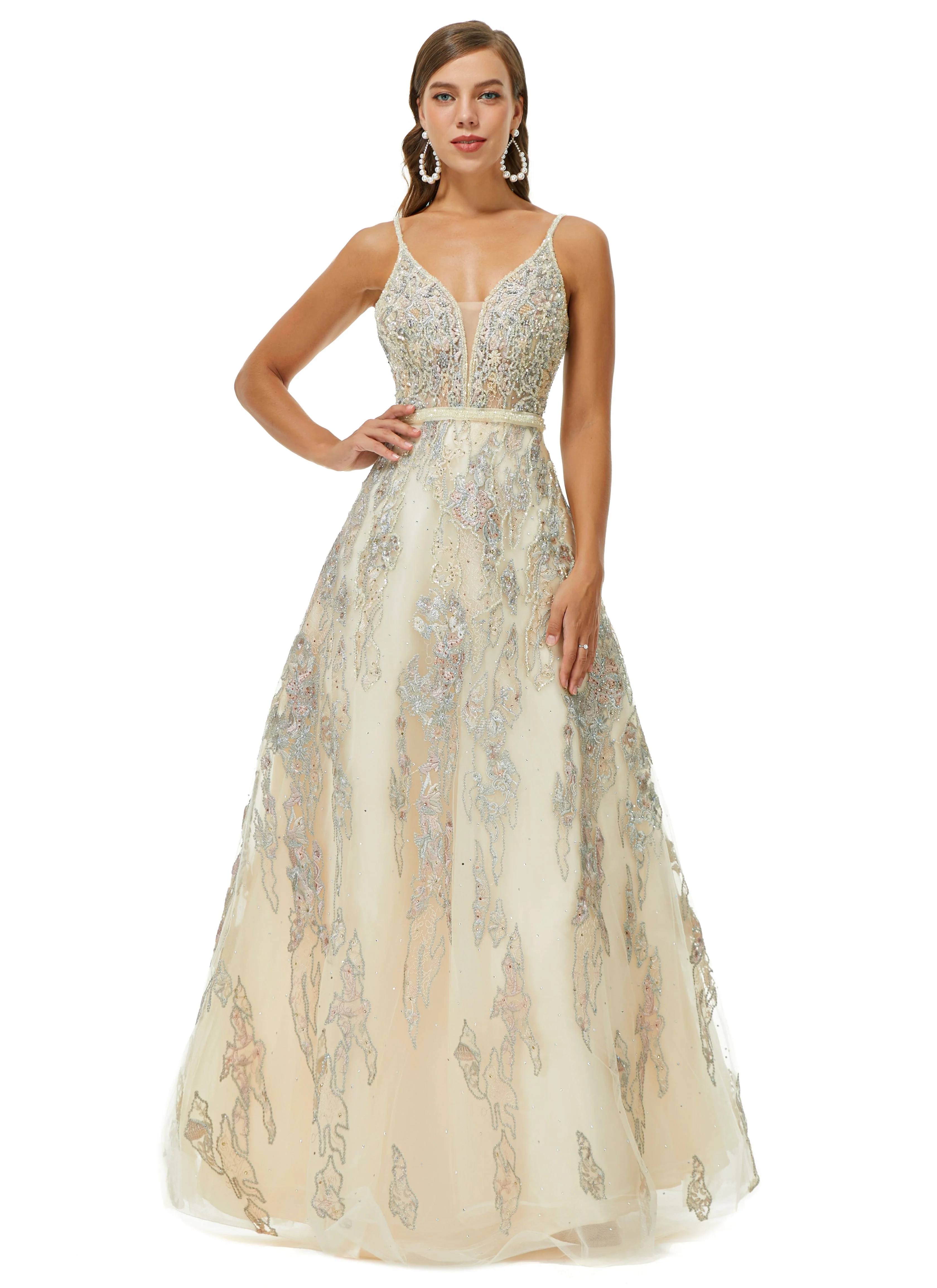 A-line V-neck Spaghetti strap Lace Floor-length Sleeveless Beading Prom Dress - Image 7