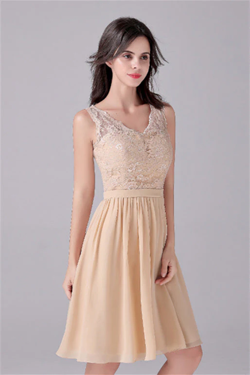 A-Line V-neck strap Lace Backless sleeveless Knee Length mother's dress - Image 7