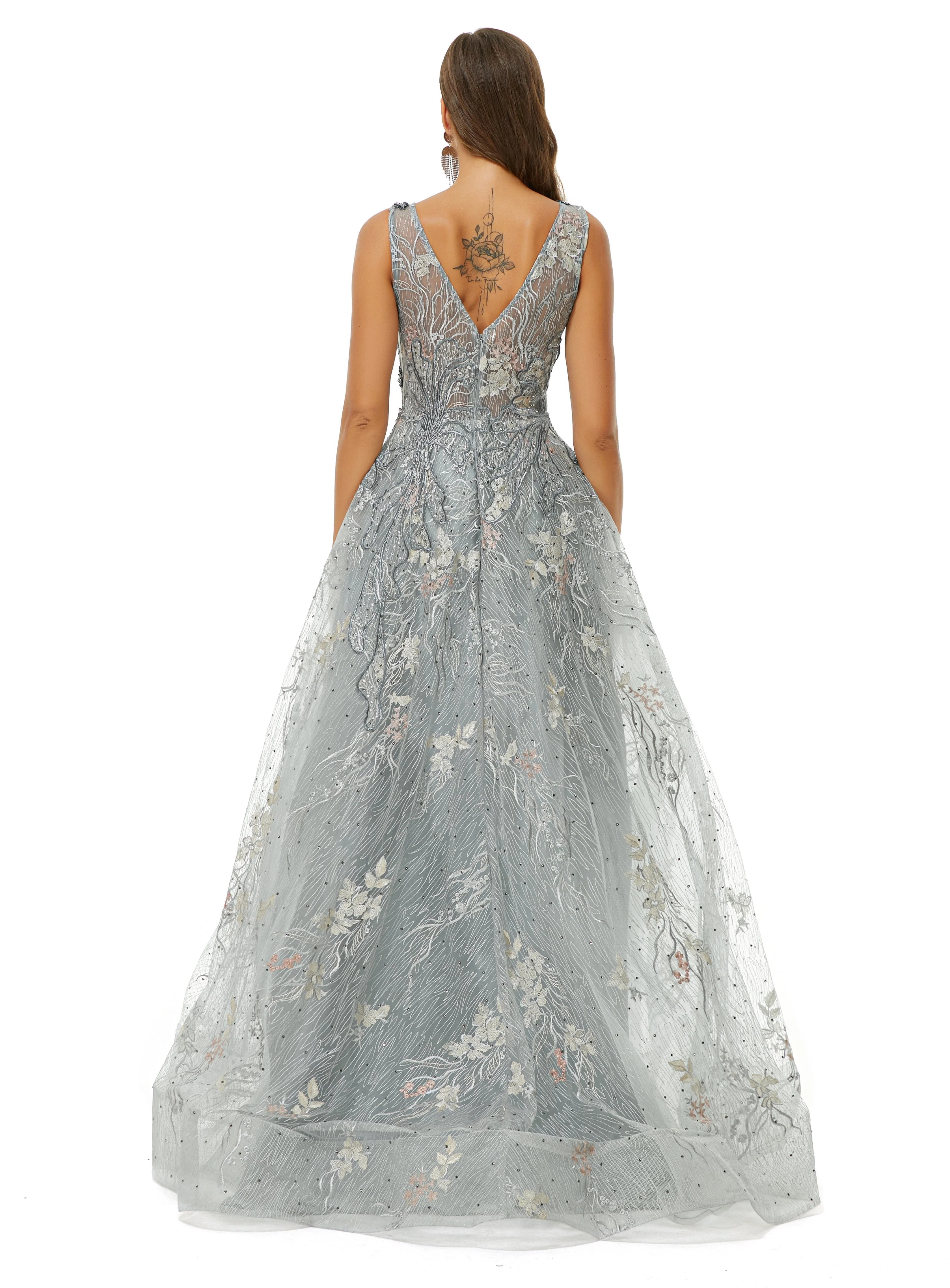 A-line V-neck Strap Lace Sequined Beaded Open Back Floor-length Prom Dress - Image 2