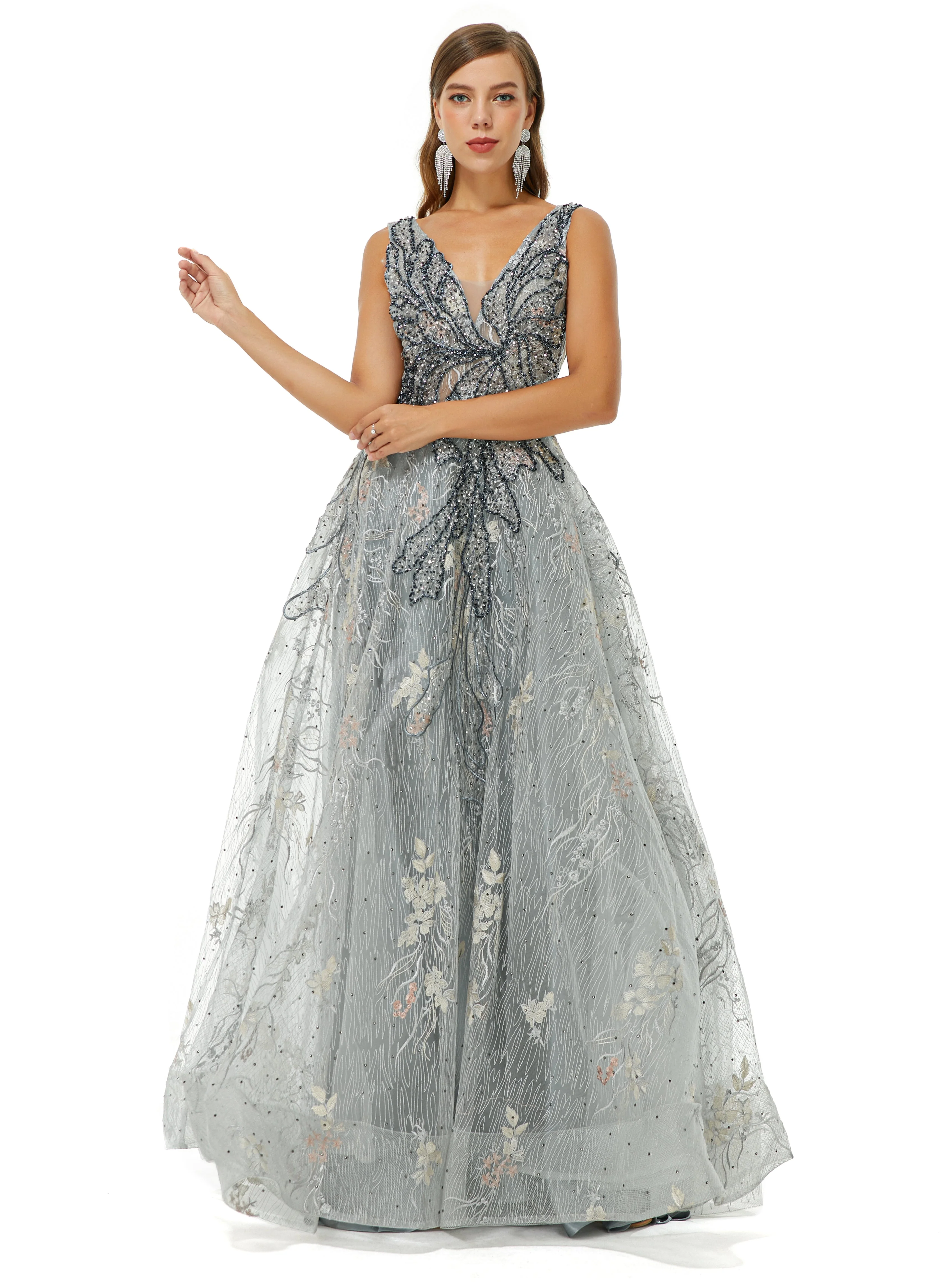 A-line V-neck Strap Lace Sequined Beaded Open Back Floor-length Prom Dress - Image 3