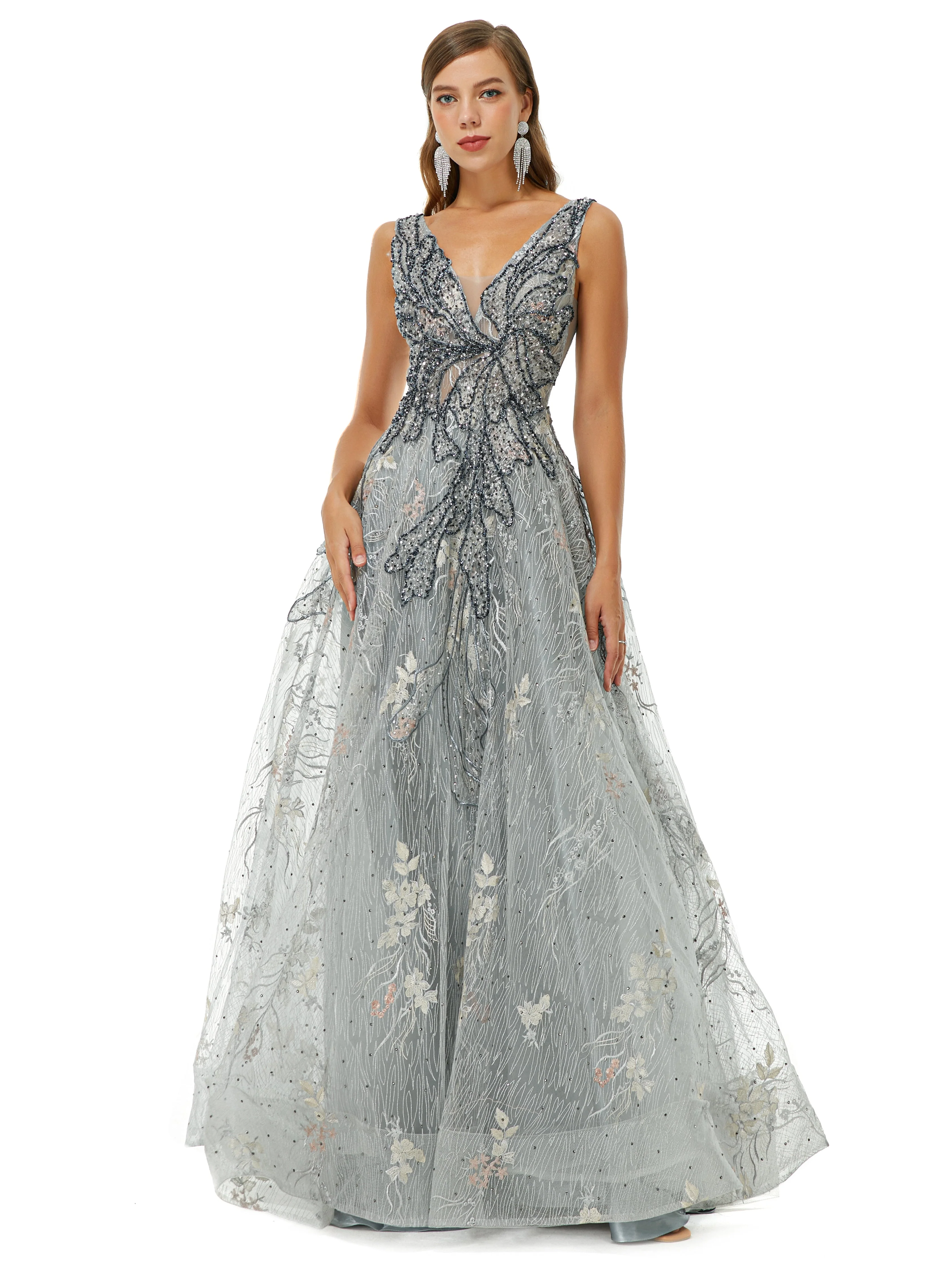 A-line V-neck Strap Lace Sequined Beaded Open Back Floor-length Prom Dress - Image 4