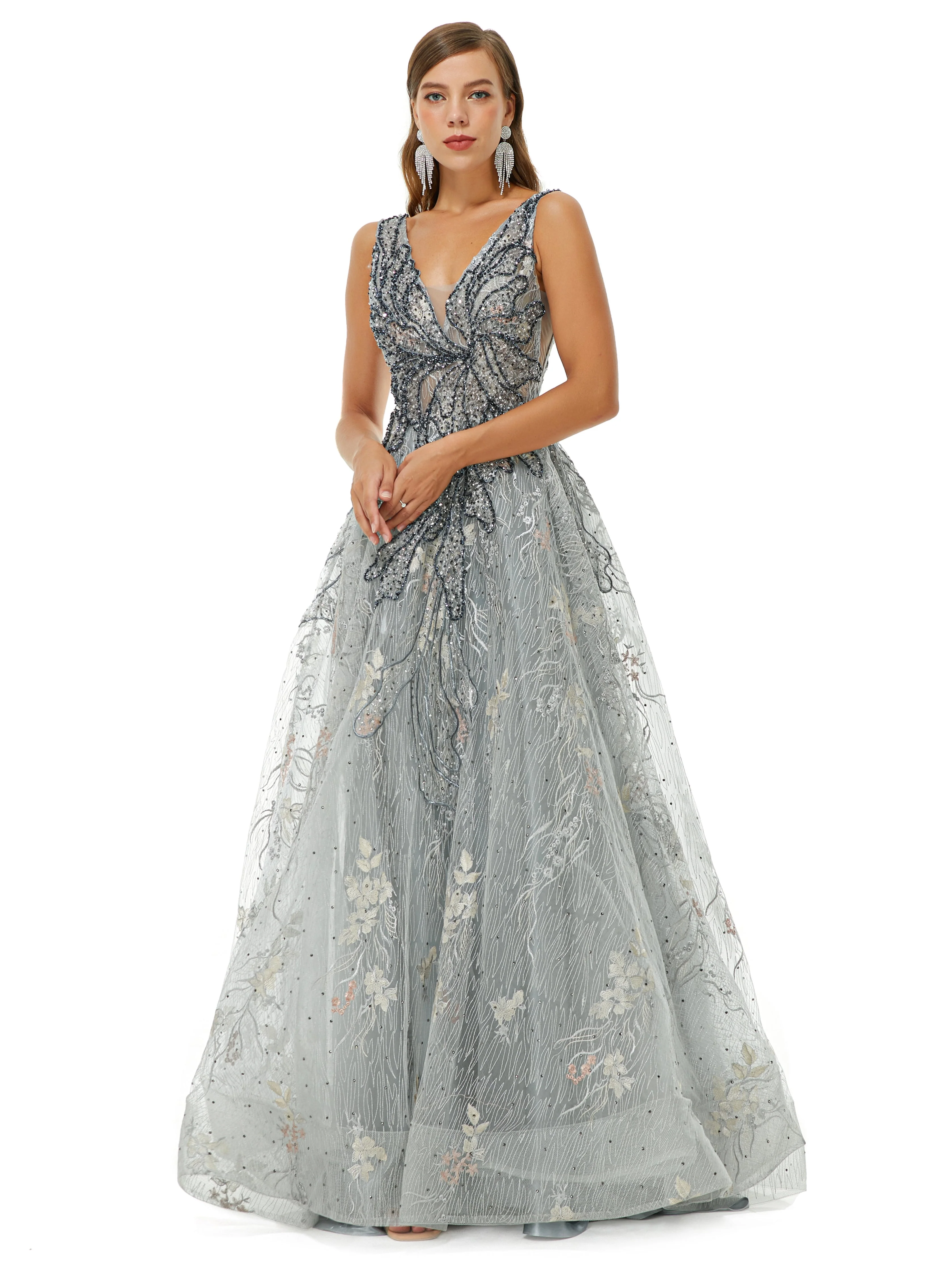 A-line V-neck Strap Lace Sequined Beaded Open Back Floor-length Prom Dress - Image 5