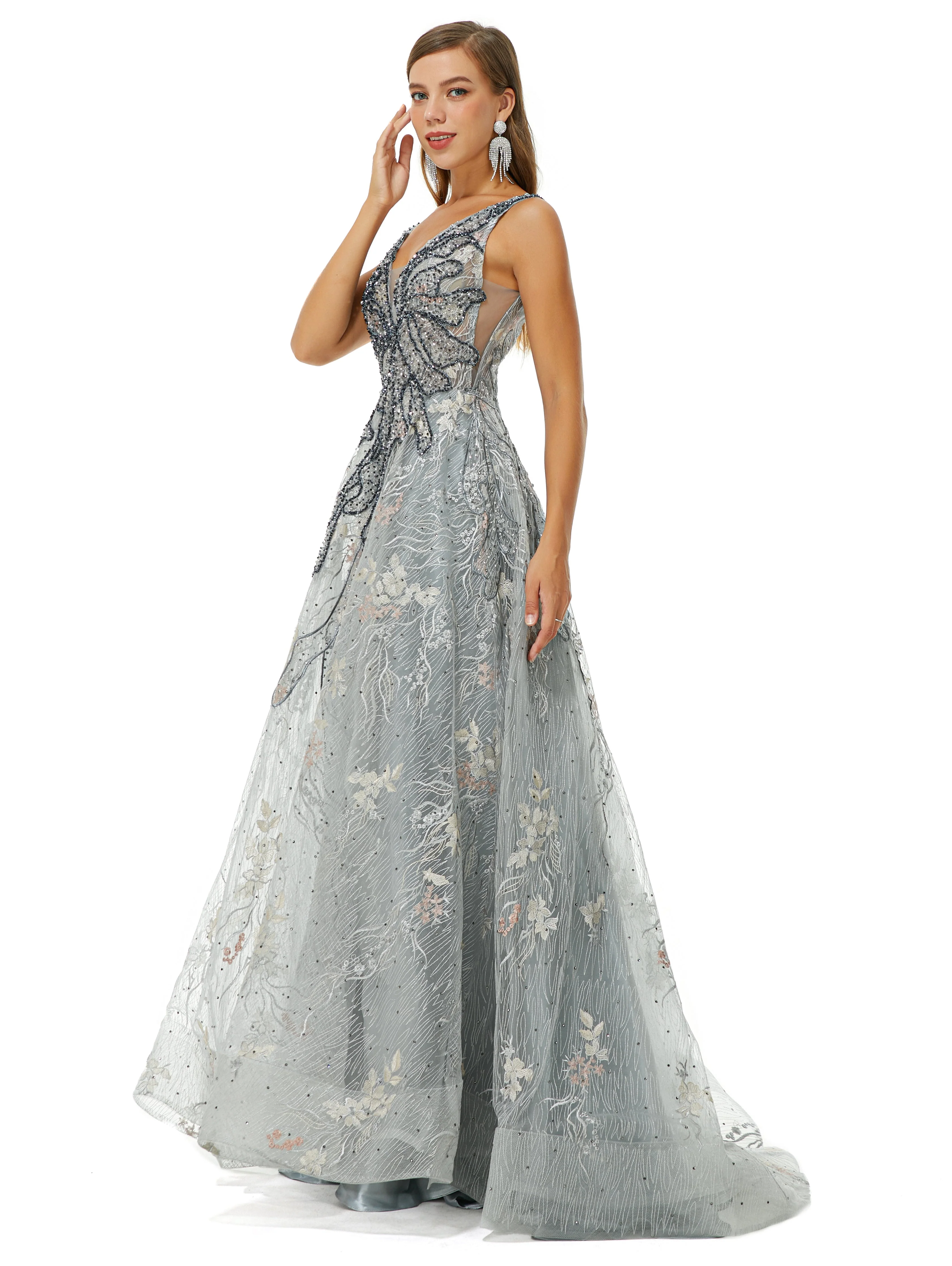 A-line V-neck Strap Lace Sequined Beaded Open Back Floor-length Prom Dress - Image 6