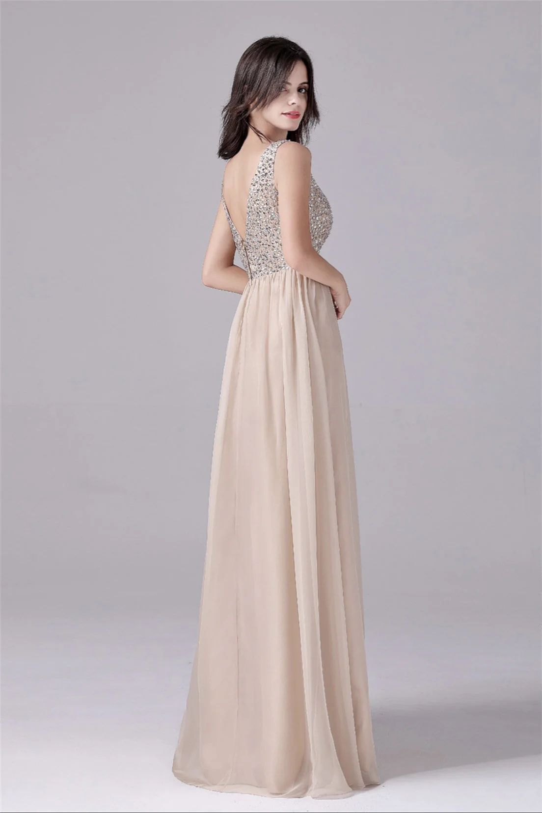 A-Line V-neck strap Sequined Floor Length Sleeveless Backless mother's dress - Image 4