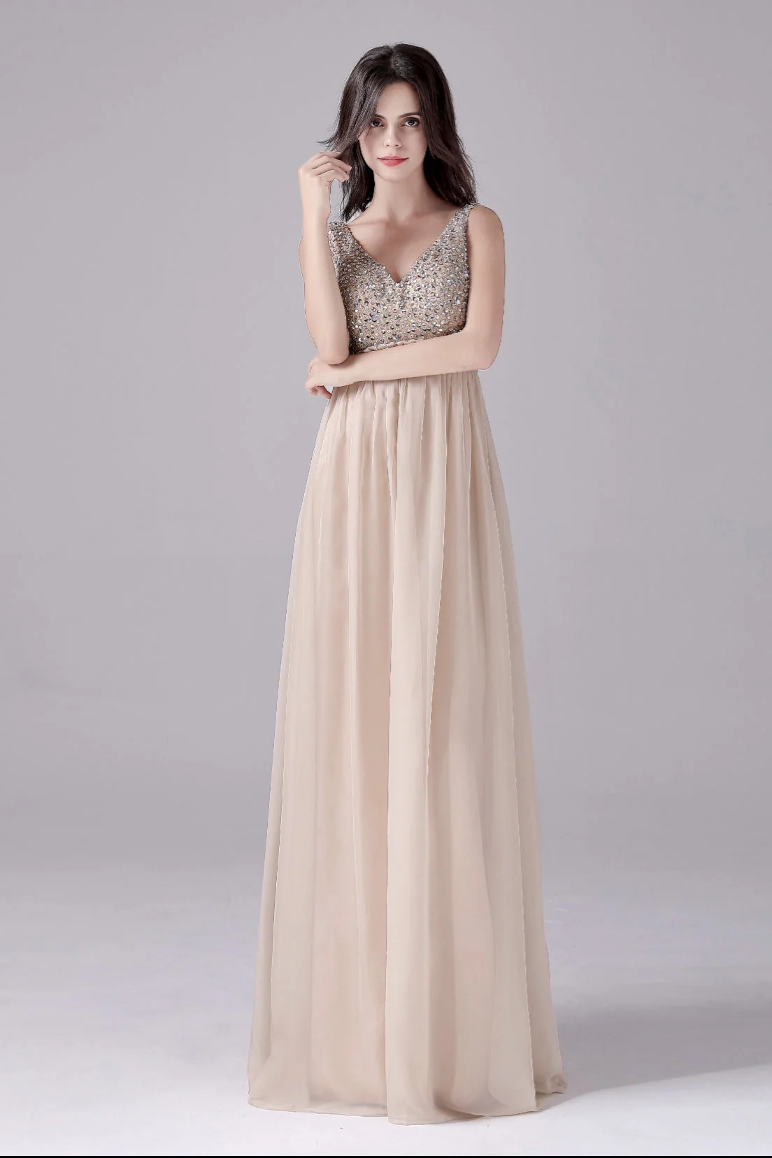 A-Line V-neck strap Sequined Floor Length Sleeveless Backless mother's dress - Image 6