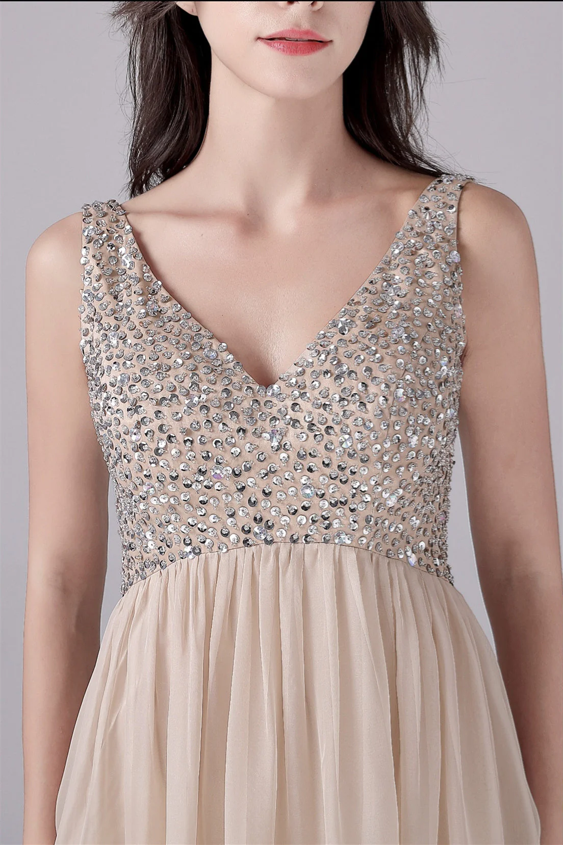 A-Line V-neck strap Sequined Floor Length Sleeveless Backless mother's dress - Image 9