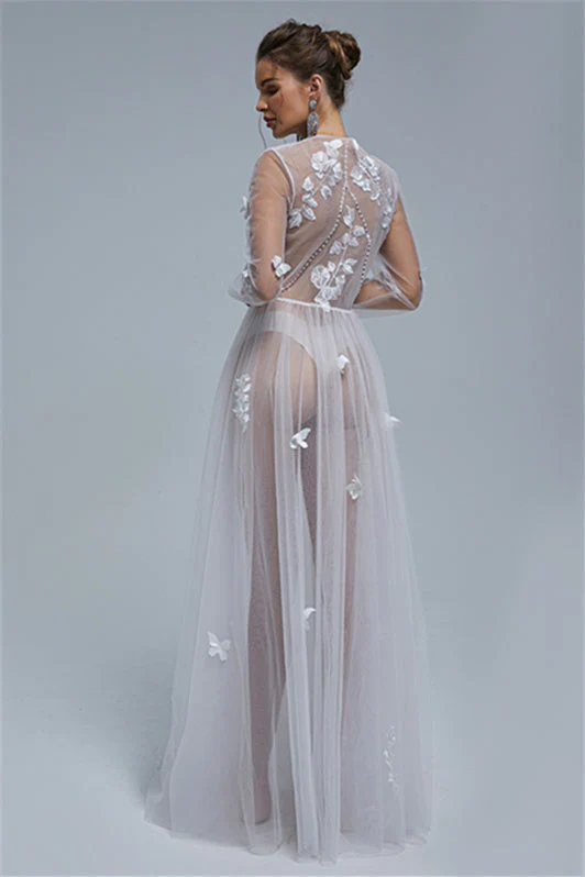 A-line V-neck Tulle Floor-length Long Sleeve Appliques Lace Wedding Dress Cover - Image 2