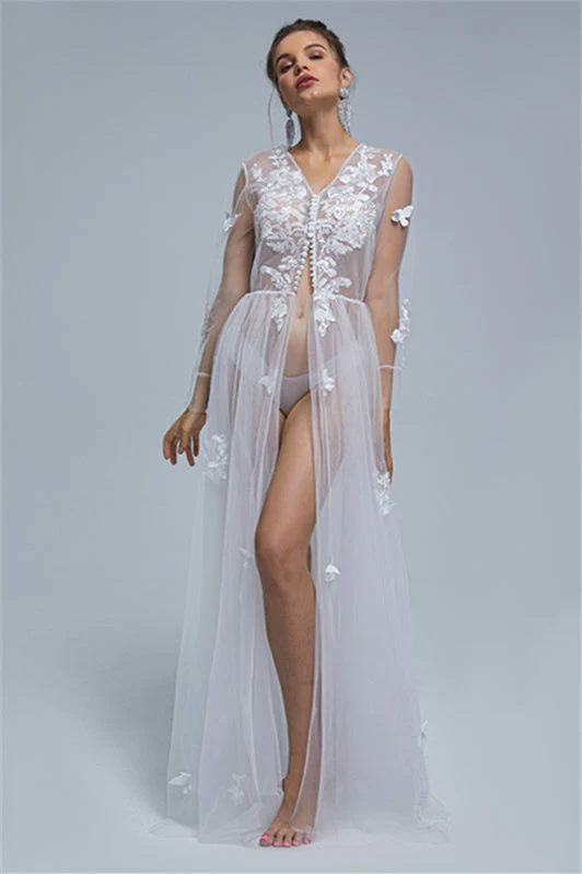 A-line V-neck Tulle Floor-length Long Sleeve Appliques Lace Wedding Dress Cover - Image 3