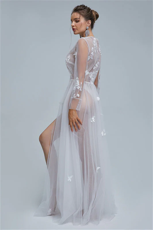 A-line V-neck Tulle Floor-length Long Sleeve Appliques Lace Wedding Dress Cover - Image 5