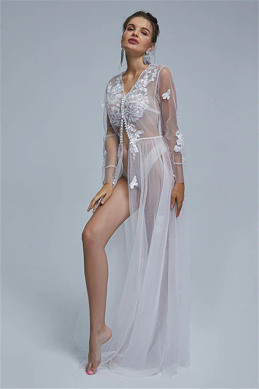 A-line V-neck Tulle Floor-length Long Sleeve Appliques Lace Wedding Dress Cover - Image 6