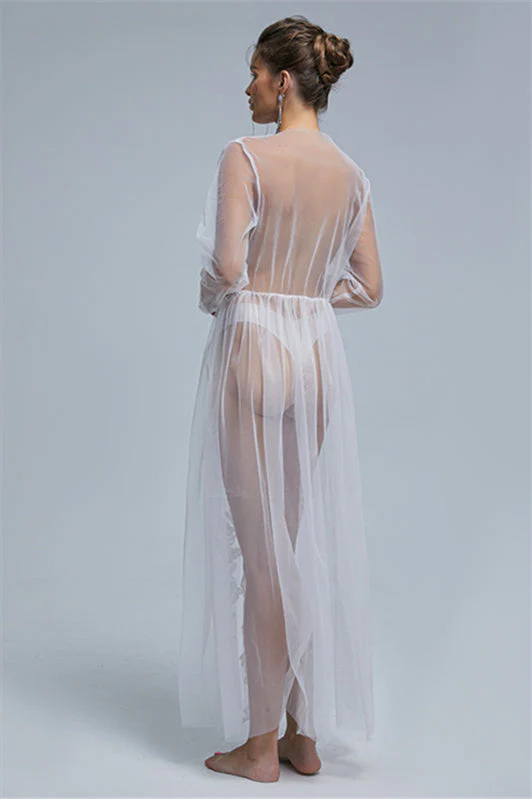 A-line V-neck Tulle Floor-length Long Sleeve Appliques Lace Wedding Dress Cover - Image 2