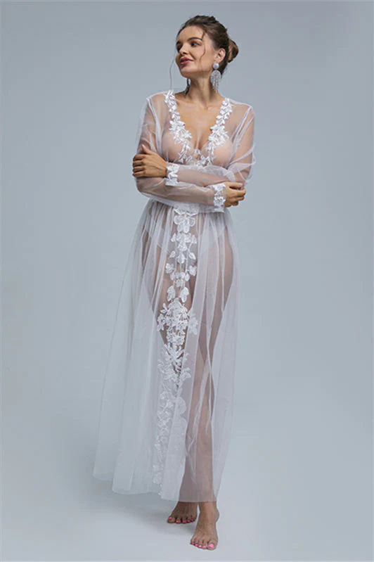 A-line V-neck Tulle Floor-length Long Sleeve Appliques Lace Wedding Dress Cover - Image 3