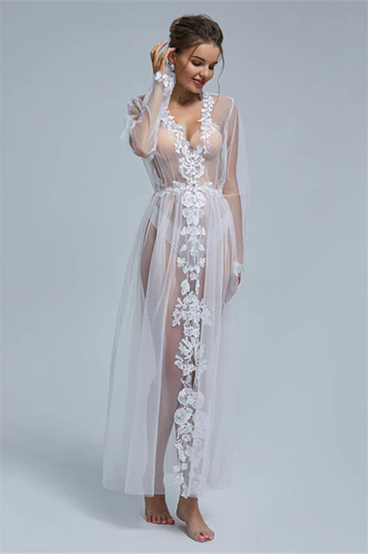 A-line V-neck Tulle Floor-length Long Sleeve Appliques Lace Wedding Dress Cover - Image 4