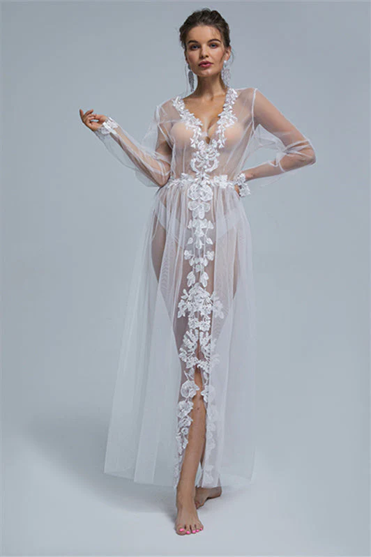 A-line V-neck Tulle Floor-length Long Sleeve Appliques Lace Wedding Dress Cover - Image 5