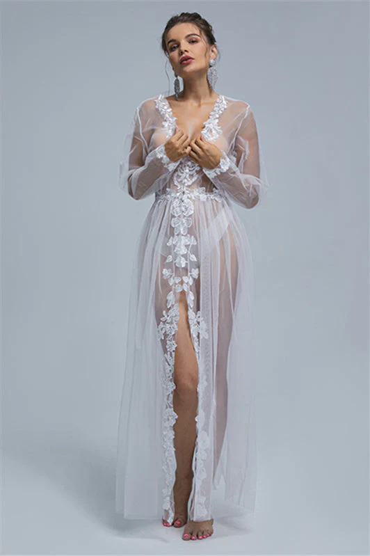 A-line V-neck Tulle Floor-length Long Sleeve Appliques Lace Wedding Dress Cover - Image 6