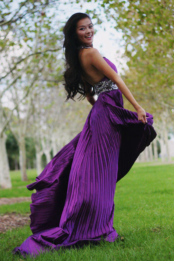 A-line V-neck Wide Staps Floor Length Backless Beading Chiffon Evening Dress - Image 3