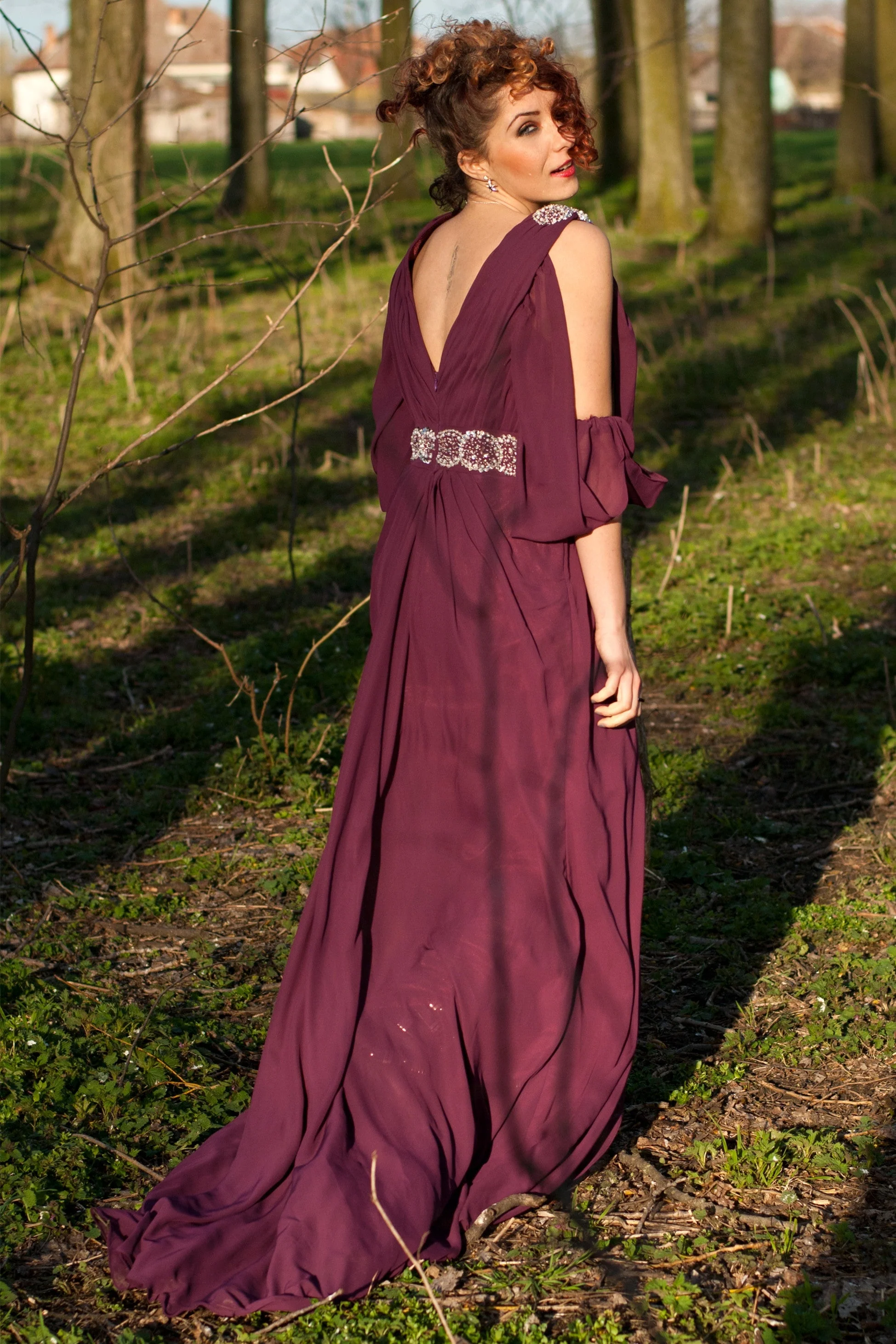 A-line V-neck Wide Strap Floor Length Chiffon Rhinestone Evening Dress - Image 2