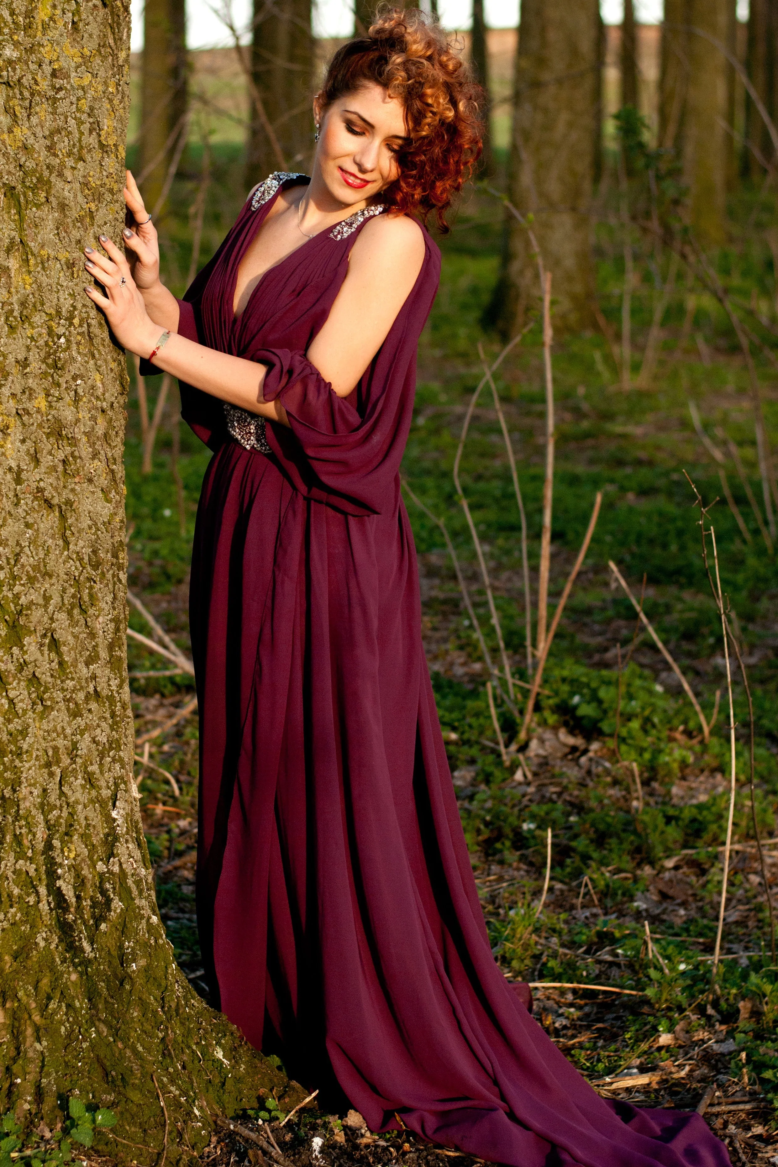 A-line V-neck Wide Strap Floor Length Chiffon Rhinestone Evening Dress - Image 3