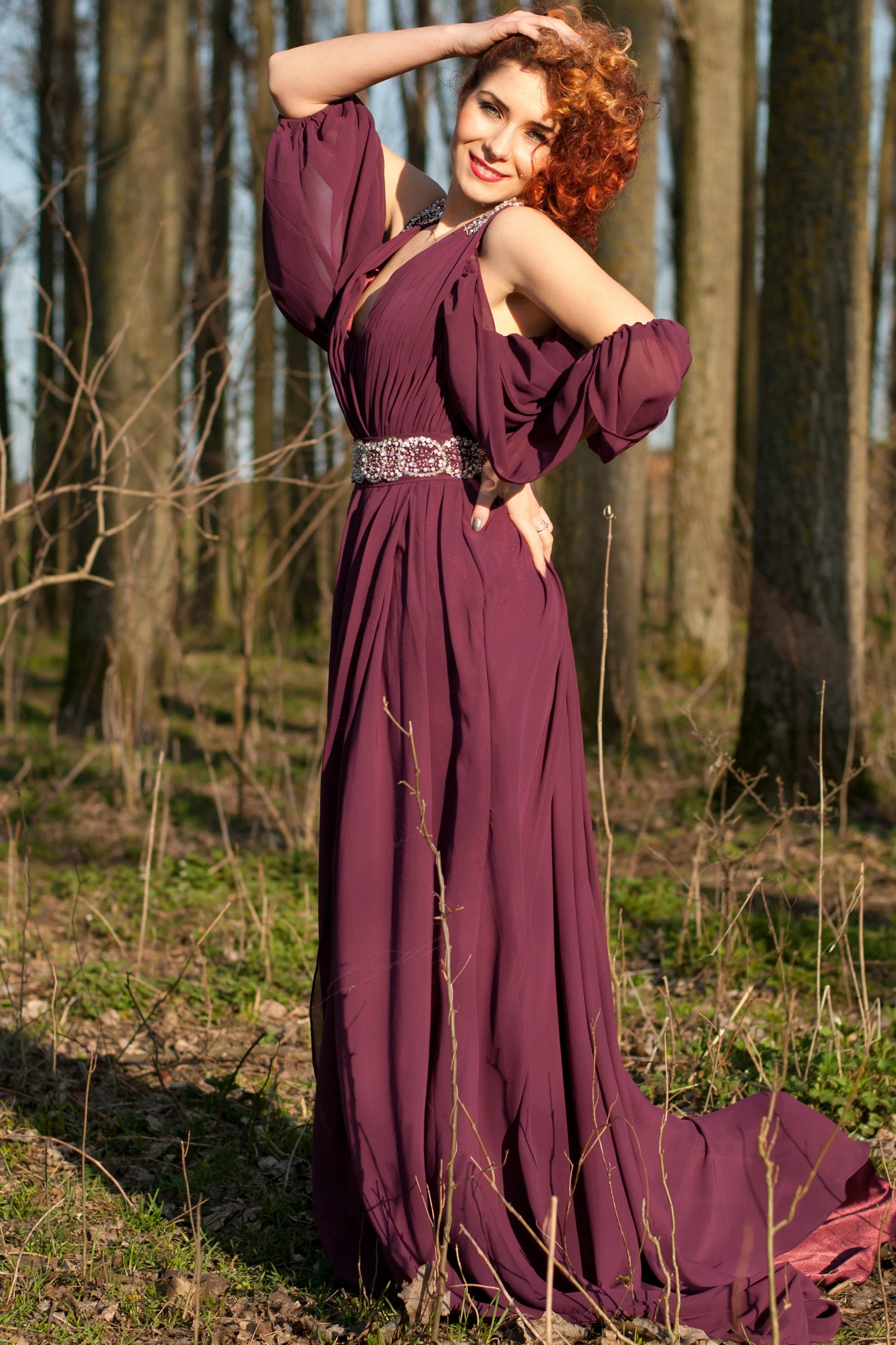 A-line V-neck Wide Strap Floor Length Chiffon Rhinestone Evening Dress - Image 5
