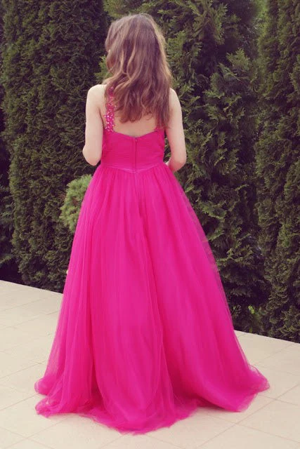 A-line V-neck Wide Strap Floor Length Tulle Beaded Rhinestone Prom Dress - Image 2