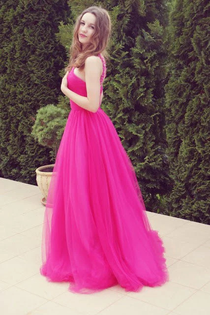 A-line V-neck Wide Strap Floor Length Tulle Beaded Rhinestone Prom Dress - Image 3