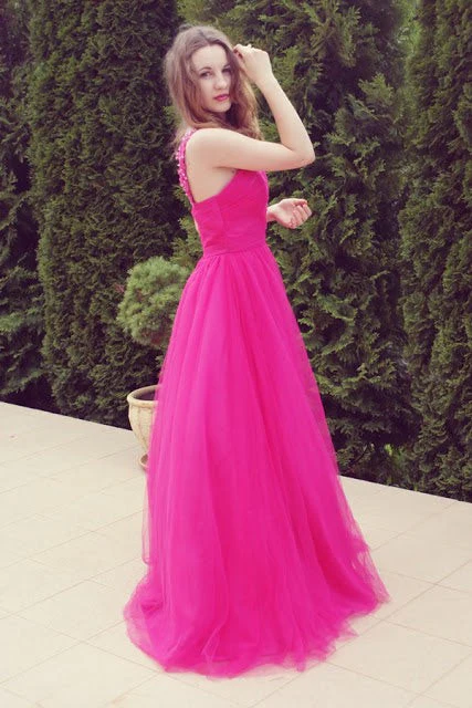 A-line V-neck Wide Strap Floor Length Tulle Beaded Rhinestone Prom Dress - Image 4