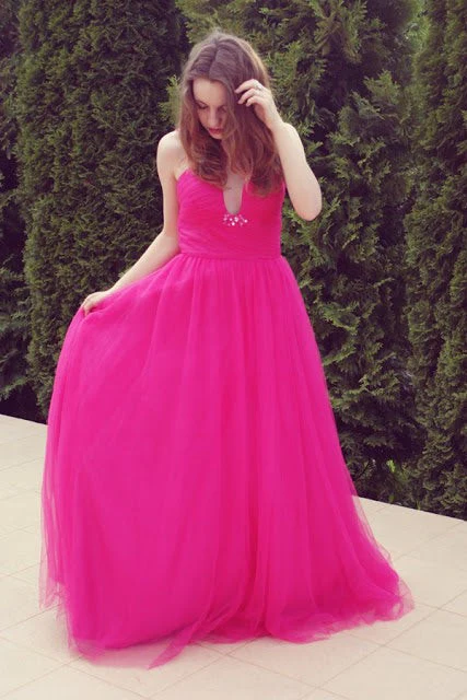 A-line V-neck Wide Strap Floor Length Tulle Beaded Rhinestone Prom Dress - Image 5