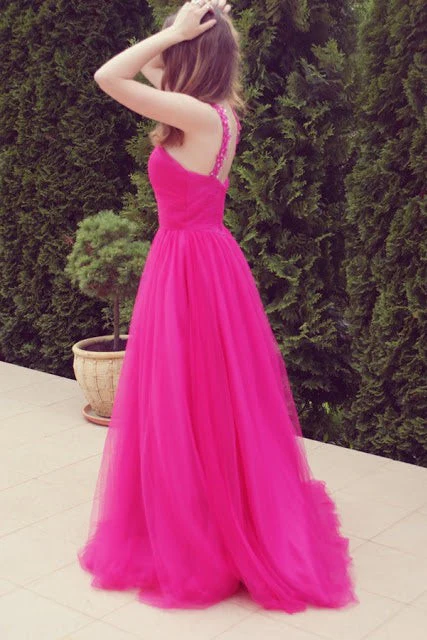 A-line V-neck Wide Strap Floor Length Tulle Beaded Rhinestone Prom Dress - Image 6