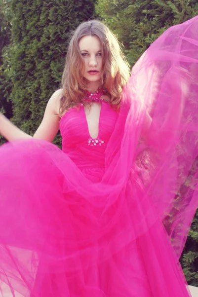 A-line V-neck Wide Strap Floor Length Tulle Beaded Rhinestone Prom Dress - Image 7