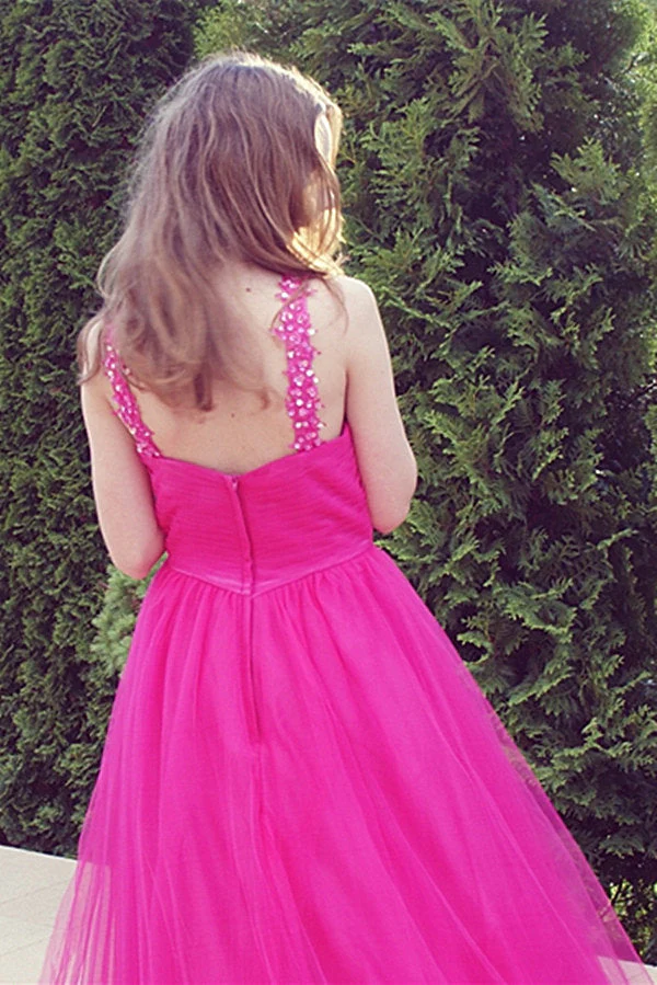 A-line V-neck Wide Strap Floor Length Tulle Beaded Rhinestone Prom Dress - Image 8